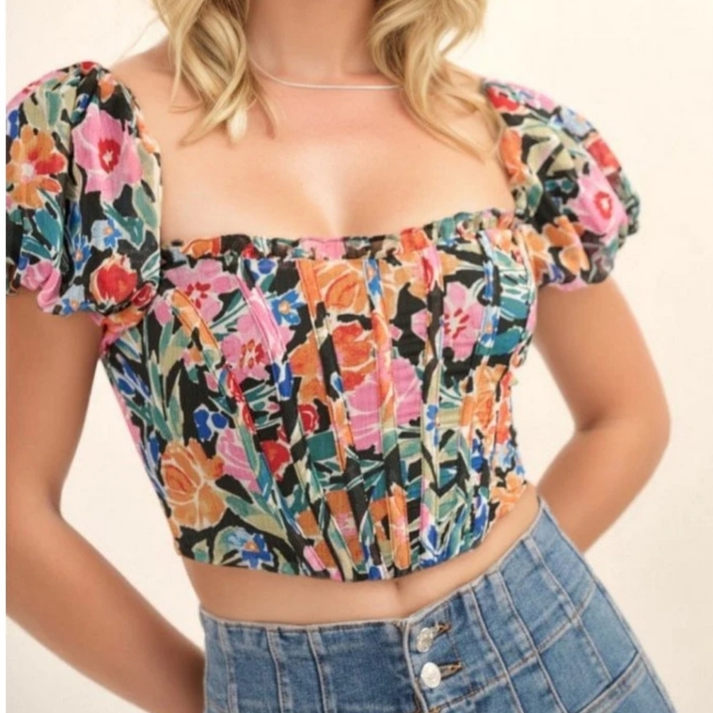 Promesa Corset Top Floral Print Puff Sleeves Large